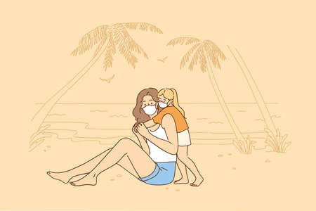 Traveling, family vacation, tourism during coronavirus pandemic. Mother and child in face masks sitting and having fun on seaside beach together at COVID 19 vector illustrationのイラスト素材