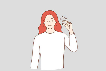 Little bit and small amount concept. Smiling red haired woman cartoon character showing little bit gesture, showing something insignificant vector illustrationのイラスト素材