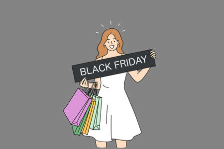 Black Friday, discount, sales concept. Happy positive young woman cartoon character screaming holding black friday sign in hands and various colorful shopping bags isolated vector illustrationのイラスト素材