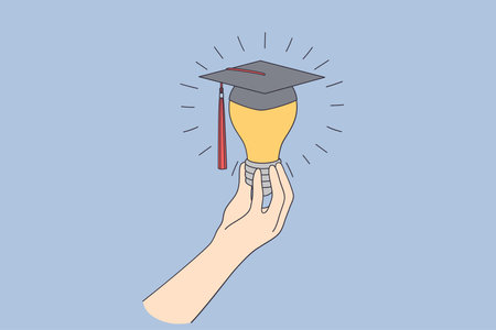 Business education, learning, new ideas concept. Human hand holding light bulb wearing graduate bonnet meaning educational success and creative innovations vector illustrationのイラスト素材
