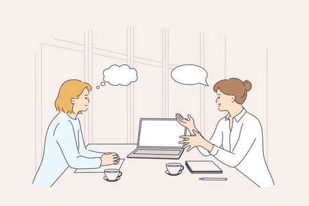 Business meeting, discussion, brainstorm concept. Two smiling businesswomen colleagues partners cartoon characters having meeting using laptop in office discussing strategy vector illustrationのイラスト素材