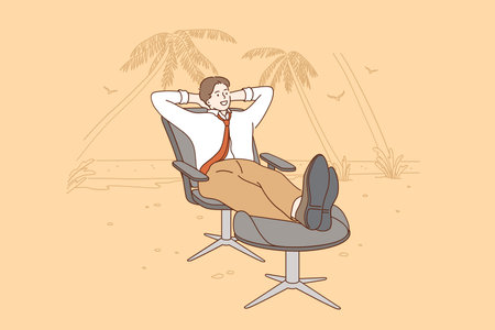 Vacations, rest from work and business concept. Young smiling Businessman cartoon character Relaxing on Office Chair at Beach during vacations weekend or dreaming of relaxation vector illustrationのイラスト素材