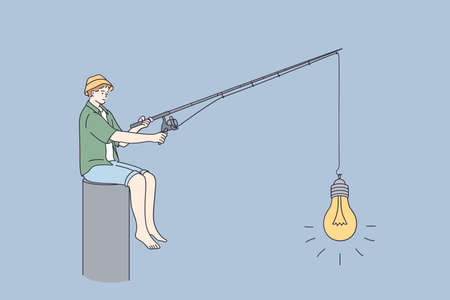 Innovation, new ideas, startup business concept. Young boy in cap cartoon character sitting and fishing light bulb with new innovative idea alone vector illustrationのイラスト素材