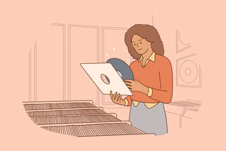 Vintage vinyl records music concept. Young smiling black woman cartoon character standing and holding vinyl record with favourite music in special store vector illustrationのイラスト素材