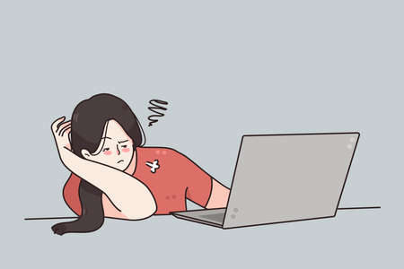 Tiredness, exhaustion, burnout at laptop concept. Portrait of teen girl bored lying on desk using laptop computer to surf information internet vector illustrationのイラスト素材