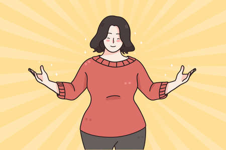 Self esteem, confidence, positive emotions concept. Portrait of confident, satisfied and happy fat overweight woman with both hands out vector illustrationのイラスト素材