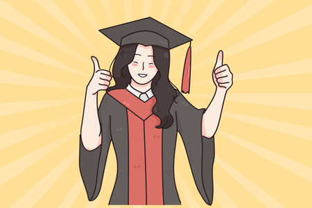 Successful education, graduation from university concept. Young smiling happy girl in traditional bonet and mantle standing showing thumbs up sign feeling happiness with graduationのイラスト素材