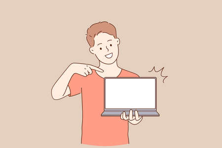 Distance and e-learning education concept. Young smiling man student cartoon character standing pointing at white blank laptop vector illustrationのイラスト素材
