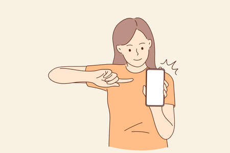 Copy space, technology concept. Young smiling girl cartoon character sitting pointing with finger at mobile phone with blank white screen vector illustrationのイラスト素材