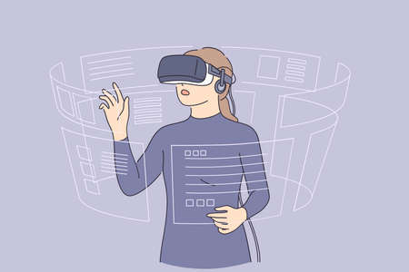Virtual reality and high technologies concept. young woman wearing 3d glasses playing with virtual reality touching air with fingers vector illustrationのイラスト素材