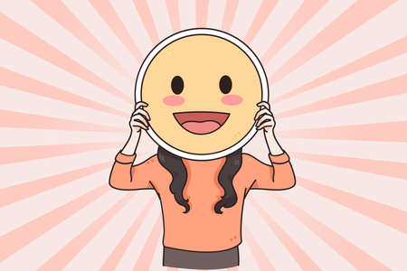 Positive emoji and copy space concept. Female hiding her face behind happy emoji smile, with copy space, happy positive emotion vector illustrationのイラスト素材