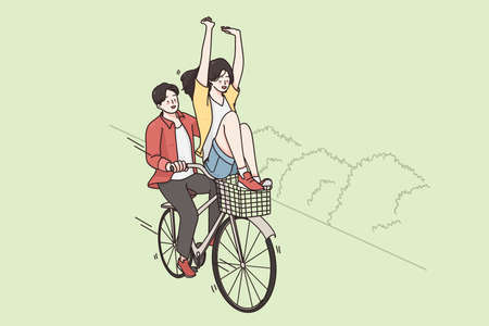 Riding bicycle and street summer activities concept. Smiling happy couple riding fixed gear bicycle and feeling happy having fun together outdoors vector illustrationのイラスト素材