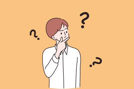 Feeling doubt, question, making decision concept. Young frustrated man or boy cartoon character...