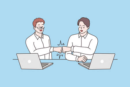 Success, cooperation, agreement concept. Smiling male young business partners workers sitting and shaking hands meaning collaboration and agreement in office vector illustrationのイラスト素材