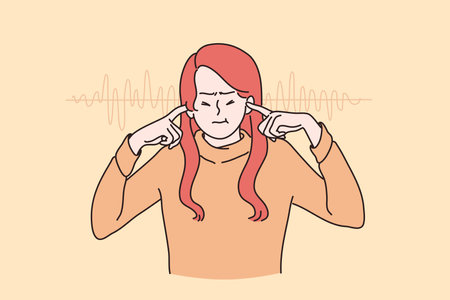 Stress, irritation, loud sounds concept. Portrait of angry irritated young woman cartoon character stabding and covering ears with fingers to keep silence in head feeling stressed and tiredのイラスト素材