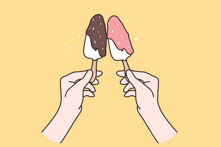 Desserts and sweet food concept. Human hands holding together ice creams with nuts and chocolate glaze over yellow background vector illustrationのイラスト素材