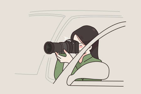 Working as detective of photographer concept. Young woman cartoon character working as Private...