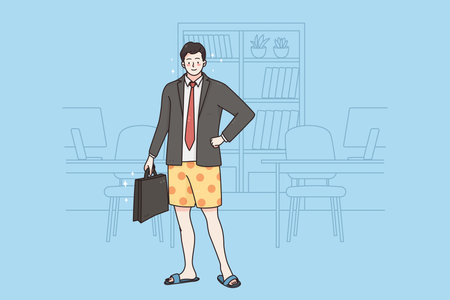 Dreaming of vacation concept. Young smiling positive businessman cartoon character standing in jacket in shorts with suitcase dreaming of rest and vacation vector illustrationのイラスト素材