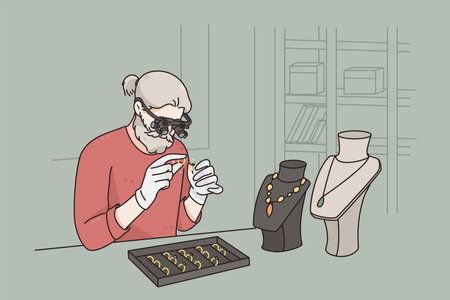 Working as jeweler in jewerely store concept. Grey haired man cartoon character sitting examining diamond with special glasses working as jeweler vector illustrationのイラスト素材