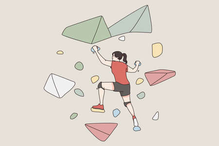 Extreme sports and active lifestyle concept. Young woman cartoon character climbing artificial hill step by step feeling excited to achieve aim vector illustrationのイラスト素材