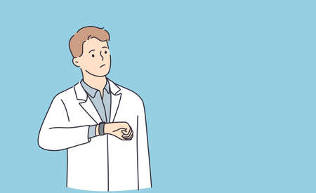 Being late and negative emotions concept. Young stressed dissatisfied man cartoon character standing looking at watch on hand feeling frustrated with being late vector illustrationのイラスト素材