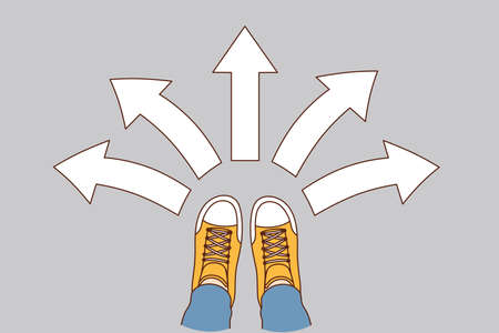 Choice and decision concept. Human foot in sneakers standing with arrows in various directions around meaning variety of choice and directions vector illustrationのイラスト素材