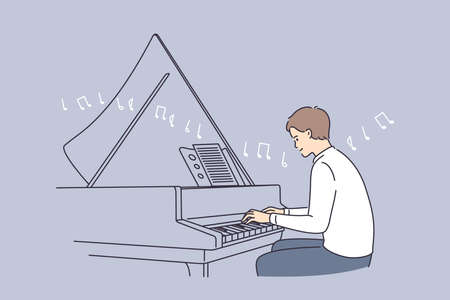 Professional musician and musical education concept. Young smiling man pianist cartoon character sitting playing piano melody with notes vector illustrationのイラスト素材