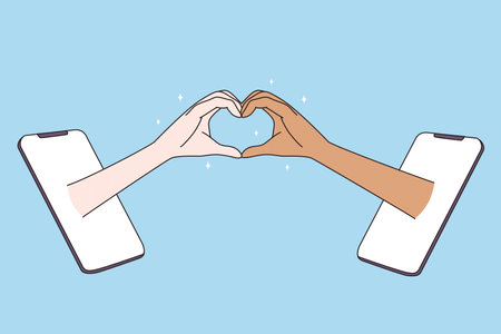 Dating in internet and multiracial love concept. Hands of mixed race woman and man forming heart shape with fingers from smartphones screens vector illustrationのイラスト素材