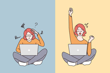 Feeling doubt and having great idea concept. Young frustrated woman sitting on floor feeling doubt with question signs above and having great idea vector illustrationのイラスト素材