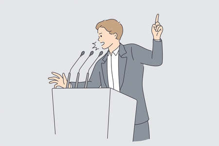 Politics and election campaign concept. Young determined businessman or politician man cartoon character standing and making announcement or presentation from tribune showing finger upのイラスト素材