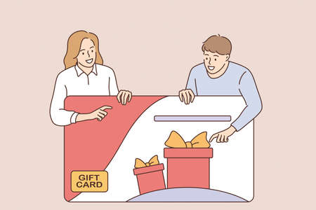 Customers gift card bonus concept. Cheerful happy people couple cartoon characters feeling happy about discount card, coupon or voucher during promotion vector illustrationのイラスト素材
