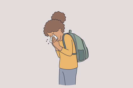 Feeling sick and runny nose concept. Small black girl cartoon character with backpack standing using napkin to get rid of runny sneezing nose outdoors vector illustrationのイラスト素材