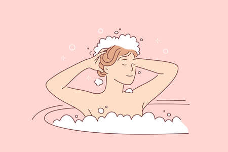 Hair care and hygiene concept. Young smiling woman cartoon character washing hair in bathroom with shampoo and bubble foam vector illustrationのイラスト素材