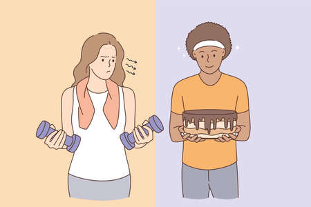 Active lifestyle or eating sweets concept. Young stressed frustrated woman in sportswear with dumbbels cartoon character standing looking at chocolate cake in boys hands vector illustrationのイラスト素材