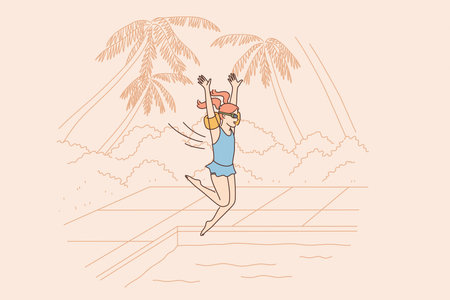 Summer vacations and travel concept. Young smiling girl cartoon character jumping into water of swimming pool during vacations trip outdoors vector illustrationのイラスト素材