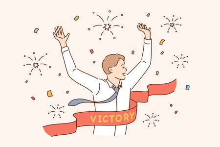 Business success, leadership, winner reaching goal concept. Young smiling businessman cartoon character running reaching goal celebrating victory at finishing line as first winner feeling happyのイラスト素材