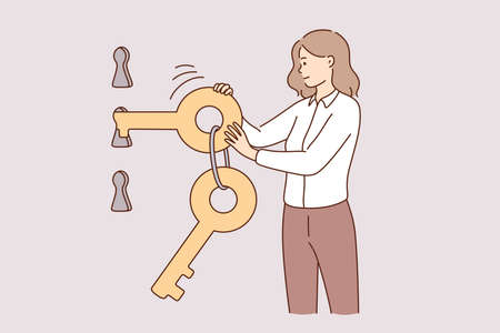 Security, protection of account concept. Young woman cartoon character standing and choosing right key to open key hole vector illustrationのイラスト素材