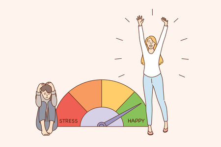 Stress and exhaustion overload concept. Stress levels reduced through concept of problem solving female character enjoying life and feeling totally tired vector illustrationのイラスト素材