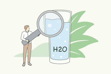 Clear drinking water and lifestyle concept. Small man standing holding magnifying glass with glass of water and formula for healthy lifestyle vector illustrationのイラスト素材