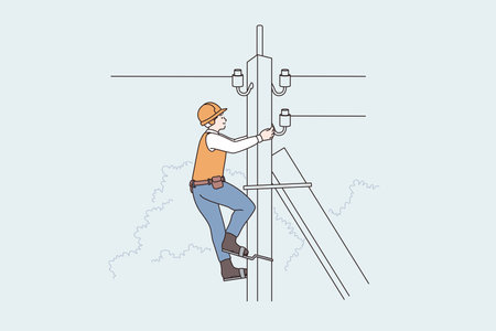 Lightning equipment and workers concept. Man Lineman worker climbing up telephone post, high voltage vector illustrationのイラスト素材