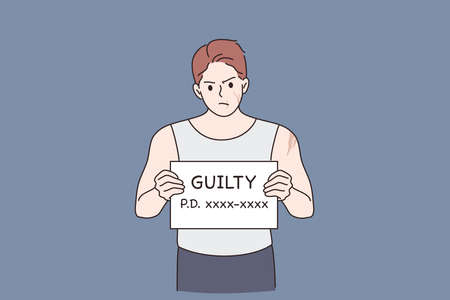 Criminal avatar, Robber, thief, bandit photo. Man cartoon character standing beside wall with black board in hand and word guilty looking at camera vector illustrationのイラスト素材