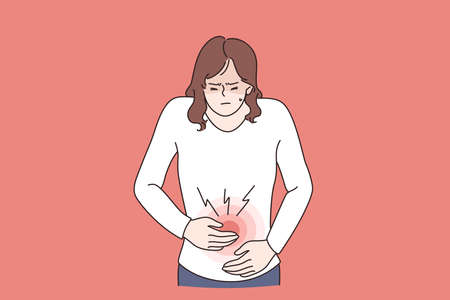 Diarrhea or constipation, problems with health concept. Young sad Woman standing feeling pain in stomach touching it with hands having Abdomen disease and illness vector illustrationのイラスト素材
