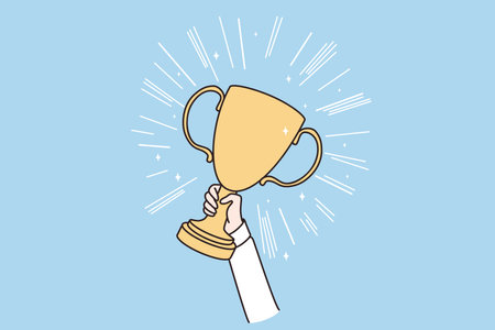 Reaching goals, winner, victory concept. Hands of person holding golden trophy celebrating success vector illustrationのイラスト素材