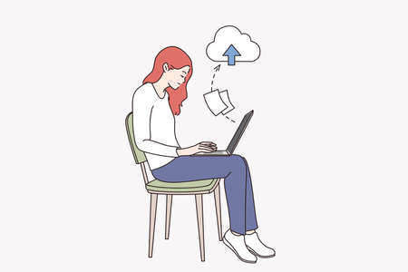 Downloading and storage in internet concept. Young smiling girl cartoon character sitting downloading information notes with laptop in cloud vector illustrationのイラスト素材