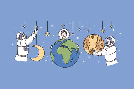 Working as astronaut and universe concept. Young men astronauts in working uniform holding planets and stars embracing universe vector illustrationのイラスト素材