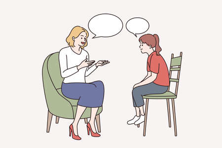 Education, development, communication with children concept. Young mother or teacher sitting talking to young small girl having conversation vector illustrationのイラスト素材