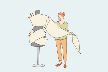 Dressmaking and fashion design concept. Young smiling woman cartoon character standing holding textile for making sewing dress or costume vector illustrationのイラスト素材