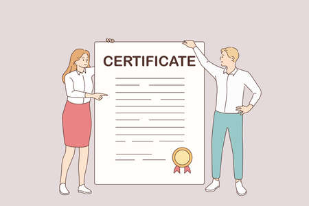 Business certificate and development concept. Young smiling partners woman and man cartoon characters standing holding huge certificate with official stamp in hands vector illustrationのイラスト素材
