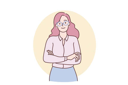 Wearing glasses and image concept. Young smiling positive girl cartoon character standing wearing...