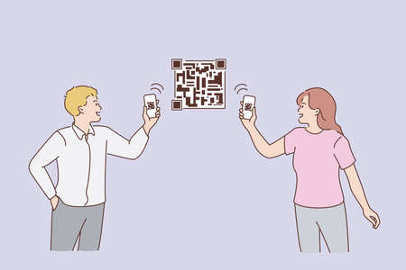 Scanning QR codes with phone concept. Young couple man and woman standing holding smartphones and...